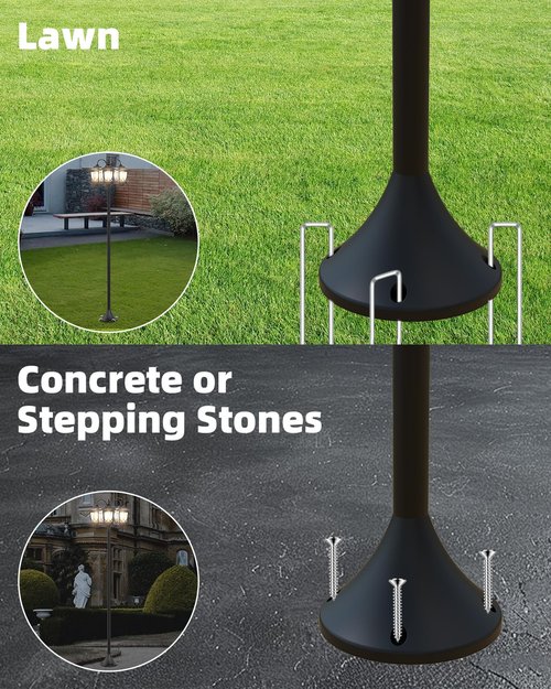 FIESTREL 73" Aluminum Solar Lamp Post Light, 3-Head Pole Lights 90LM Waterproof - Auto Dusk to Warm White Dawn Floor Lamp for Outdoor Garden Pathway Replaceable Bulb