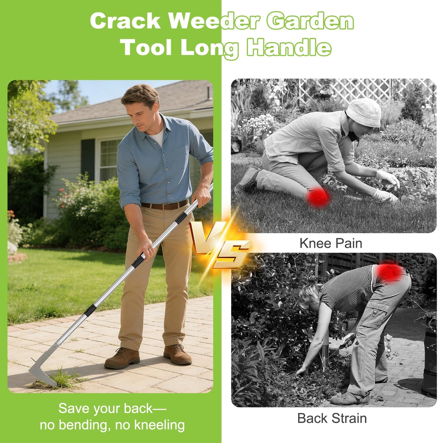 Crack Weeder, Stainless Steel Crevice Weeding Tool with 22'' to 64'' Adjustable Long Handle, L-Shaped Manual Weed Puller Spatula, Weed Remover Gardening Tool for Sidewalks Driveways Patio Pavers Rocks