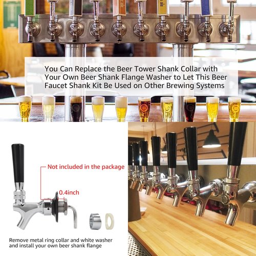 MRbrew Beer Line Shank Faucet Kit, Stainless Core Self-Closing Beer Tap with 3/16'' liquid hose & 1/4" Barb, Kegerator Tower Replacement Set for Draft Beer Dispenser - Include Tap Wrench & Hose Clamps
