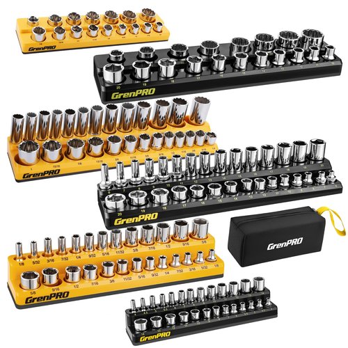 Socket Organizer for Tool Box Drawer, GRENPRO 6pc 143 Metric & SAE Magnetic Socket Holder, 1/4", 3/8", 1/2" Drive Socket Tray Set, Magnetic Socket Organizer
