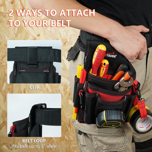 MELOTOUGH Electrician Tool Pouch Lightweight Belt Organizer with Tape Holder & Speed Square Slot for Wiring Construction & DIY Tool Holster with 13 Pockets,Utility Pouch for HVAC Technicians(Red)