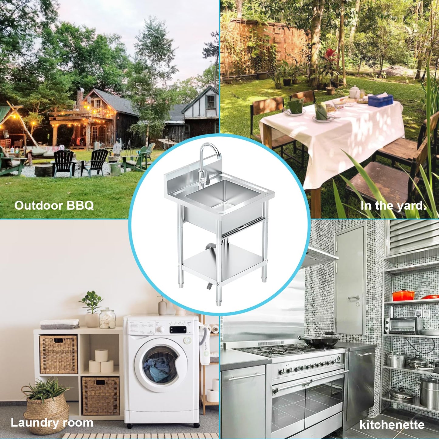 PurezmMoto Utility Sink Freestanding Single Bowl Laundry Sink with Hot and Cold Water Plumbing Stainless Steel Sink for Kitchen and Bathroom Farmhouse Style