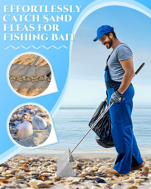 Sand Flea Rake 16" Wide - Detachable 54" Handle with Shark Tooth Screen - Stainless Steel Beach Rake for Fishing Bait, Shelling, Yard Cleaning - Saltwater Rust Proof & Portable