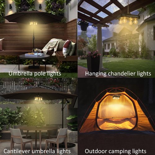Battery Operated Patio LED Umbrella Light with G40 Bulbs, 3 Brightness Cordless Umbrella Pole Lights for Backyard, Camping Tents, BBQ or Indoor Use