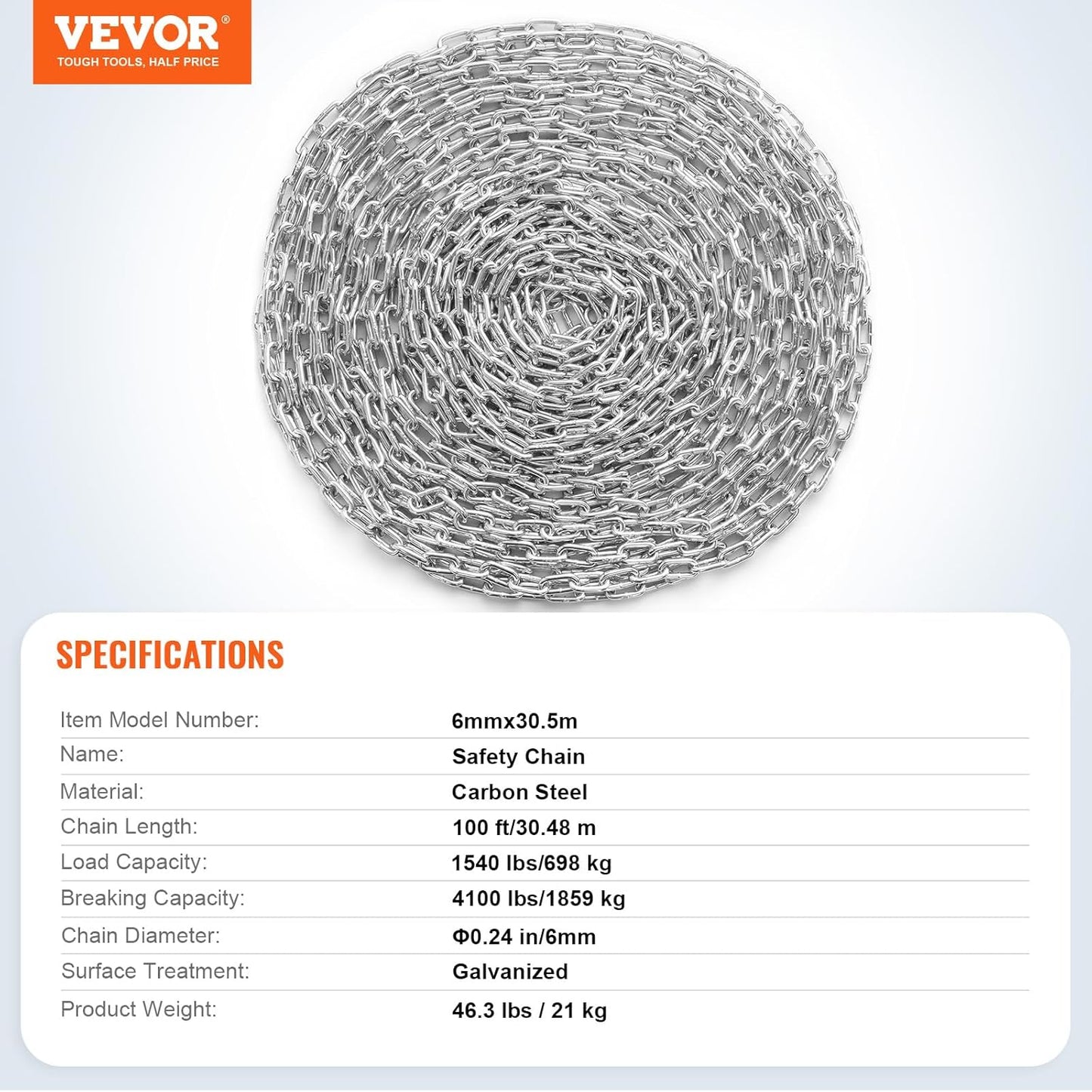 VEVOR Grade 30 Chain 3/16 Inch by 100Ft Length Grade 30 Proof Coil Chain Zinc Plated Grade 30 Chain for Towing Logging Agriculture and Guard Rails