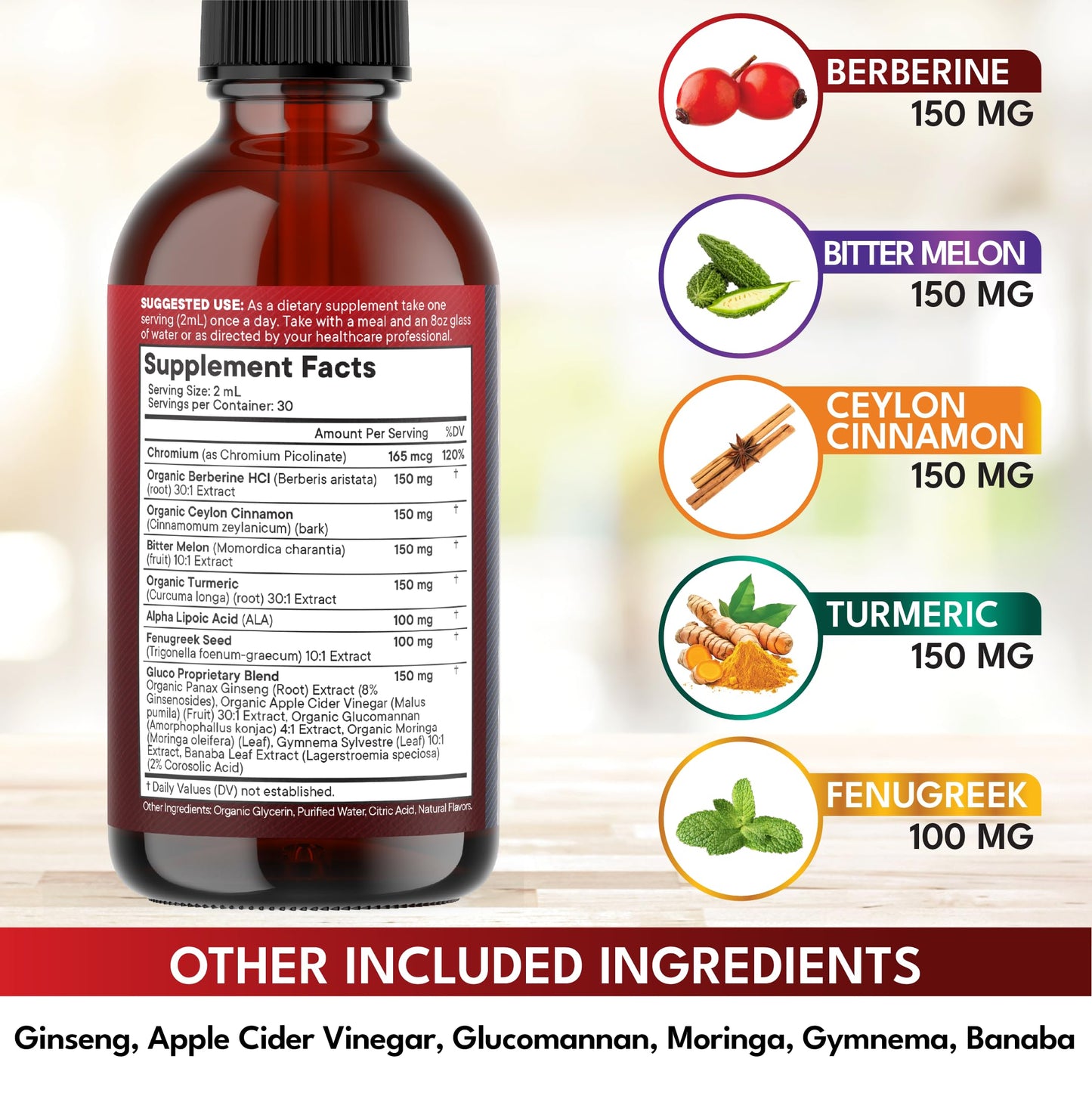 Berberine with Ceylon Cinnamon Supplement Liquid Drops + Bitter Melon Extract, Glucomannan, Gymnema, Chromium, Turmeric, Panax Ginseng, Moringa- 8 OZ