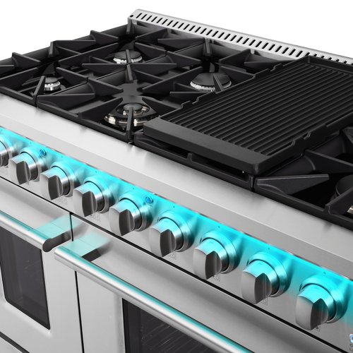 COSMO COS-DFRP488K 48 in. Lumin Collection 5.5 cu. ft. Double Oven Dual Fuel Range with 8 Burners, Cast Iron Grates in Stainless Steel