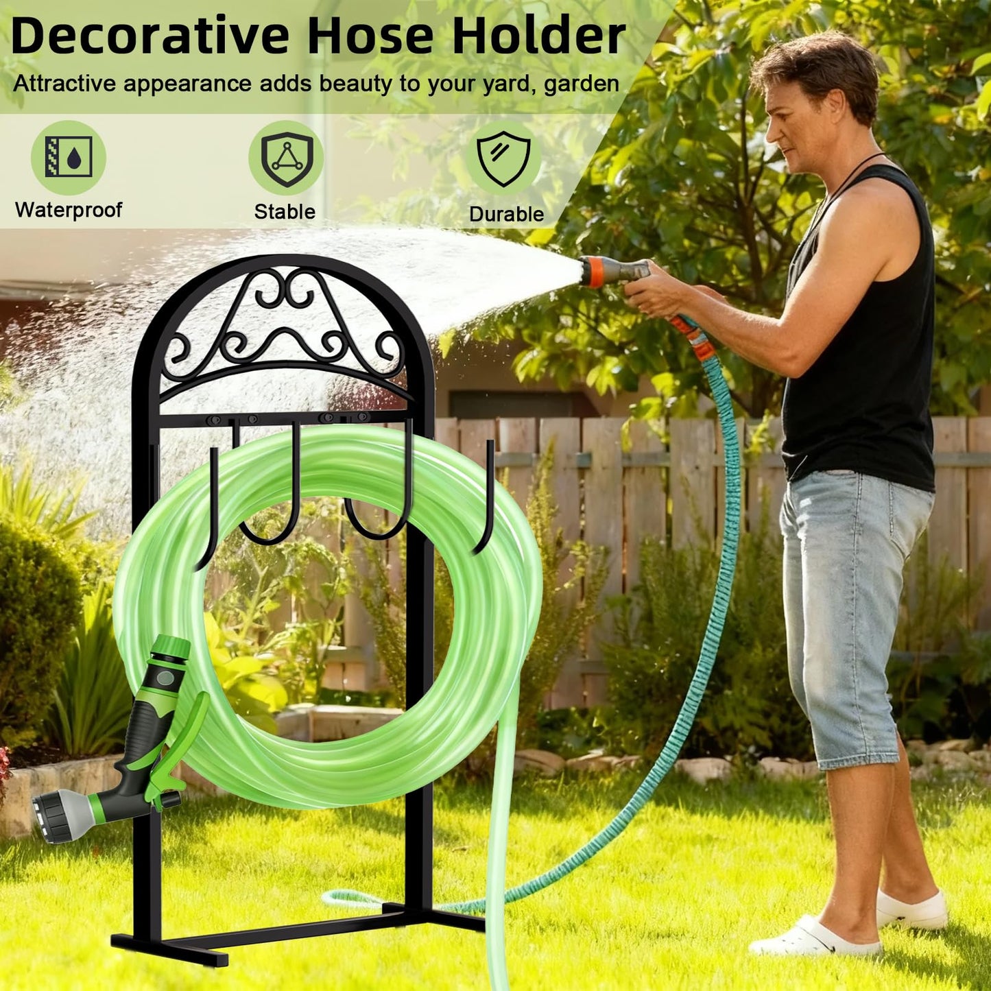 Freexployer Garden Hose Holder, Hose Holder Stand Rustproof Freestanding Heavy-Duty with Sturdy Metal Hose Stand and Hanger, Hoses Storage Holds 100Ft Hose Reel for Outside Yard