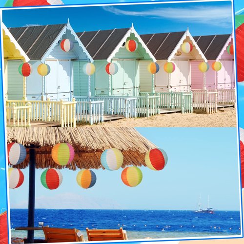 Panelee 12 Pcs 8 Inch Beach Ball Paper Lanterns Pool Party Decorations Summer Luau Themed Round Hanging Decorations for Office Classroom Home Outdoor Indoor Party Supplies