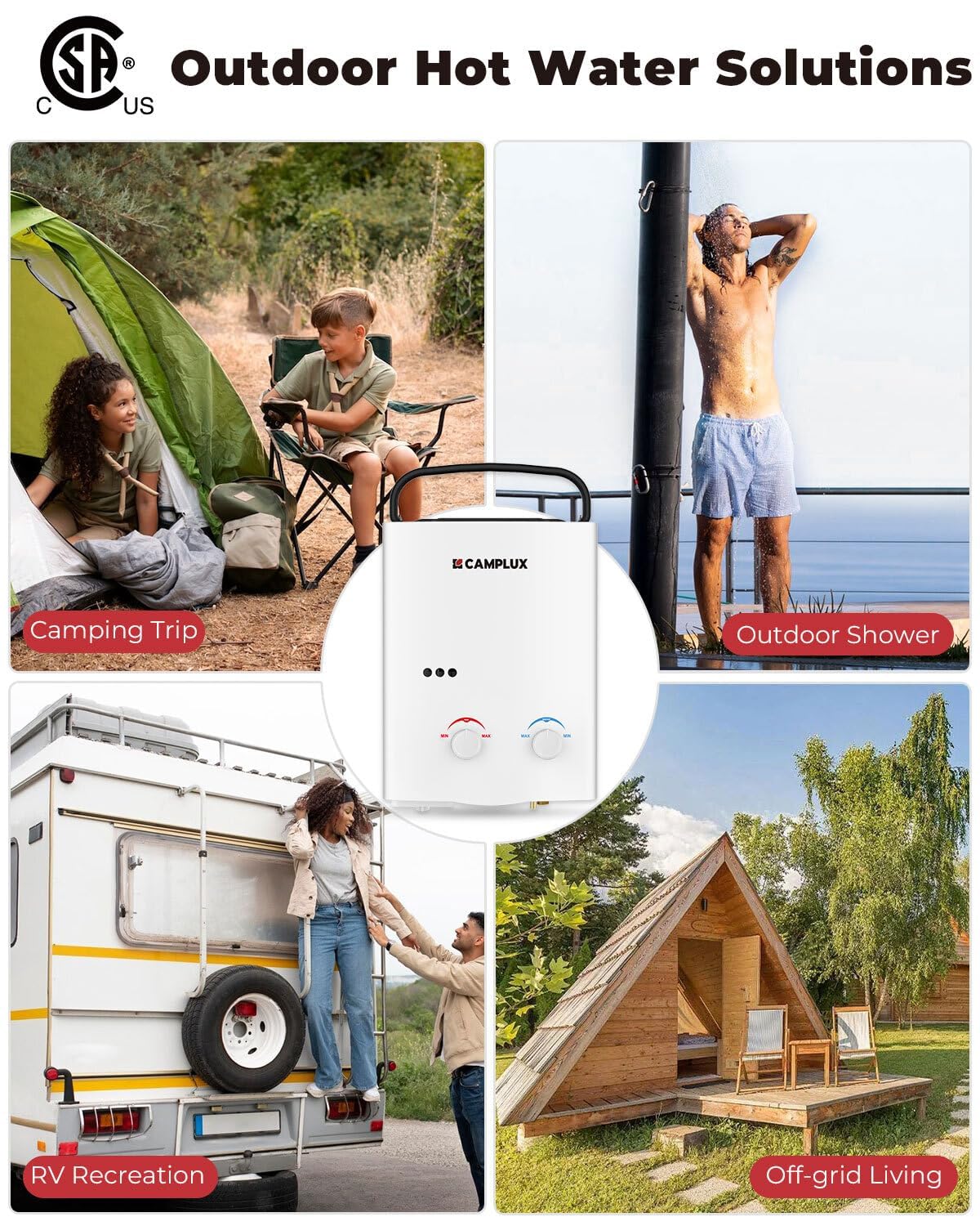 CAMPLUX Tankless Water Heater Outdoor, 1.32 GPM Portable Propane Camping Water Heater, 5L, AY132, White