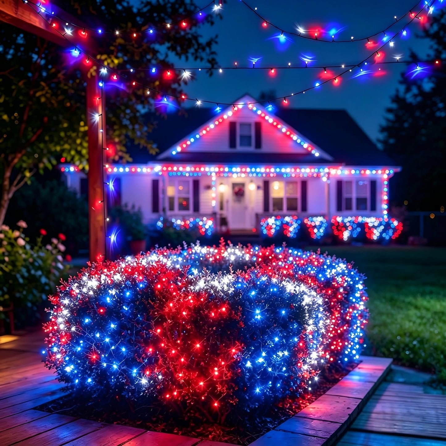 Joomer Red Blue White String Lights Outdoor, 100FT 300LED RGB Lights with Remote Timer Memory, Waterproof Indoor Outdoor 4th of July Independence Day Memorial Day Patriotic Yard Garden Decor
