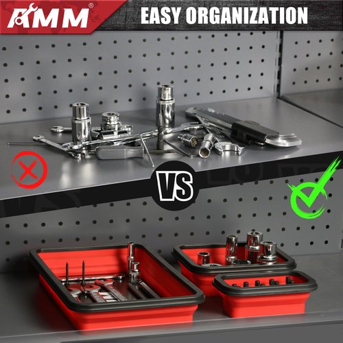 AMM Foldable Magnetic Parts Tray Set, 3 Different Size Magnetic Tool Trays for Bolts Screws Nuts & Small Metal Parts, Mechanic Tool Present for Men，Red