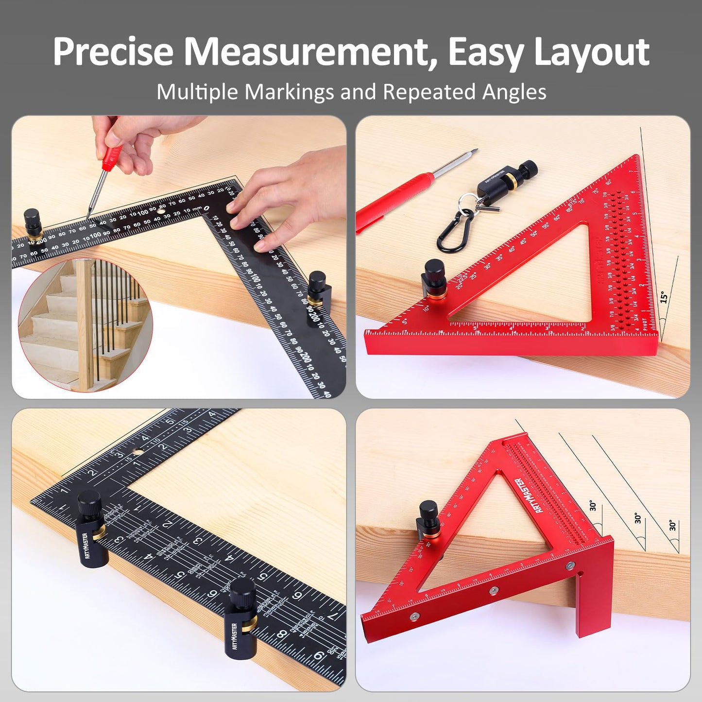 ArtyMaster Stair Gauges with Rubber Pad – Stair Gauges for Framing Square & Circular Saw – Framing Jig Square Stops – Circular Saw Guide – Carpentry Jig Stops