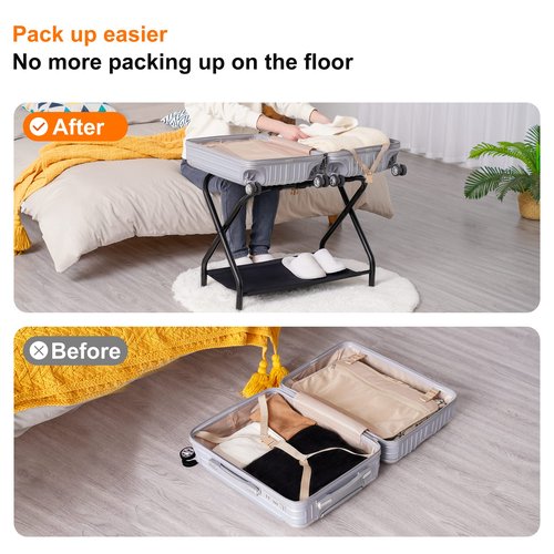 Heybly Luggage Rack,Pack of 2,Steel Folding Suitcase Stand with Storage Shelf for Bedroom, Hotel, Foldable Steel Frame, Guest Room Bedroom Hotel, 26.2" L x 14.4" W x 20.5" H, Black,HLR004B2