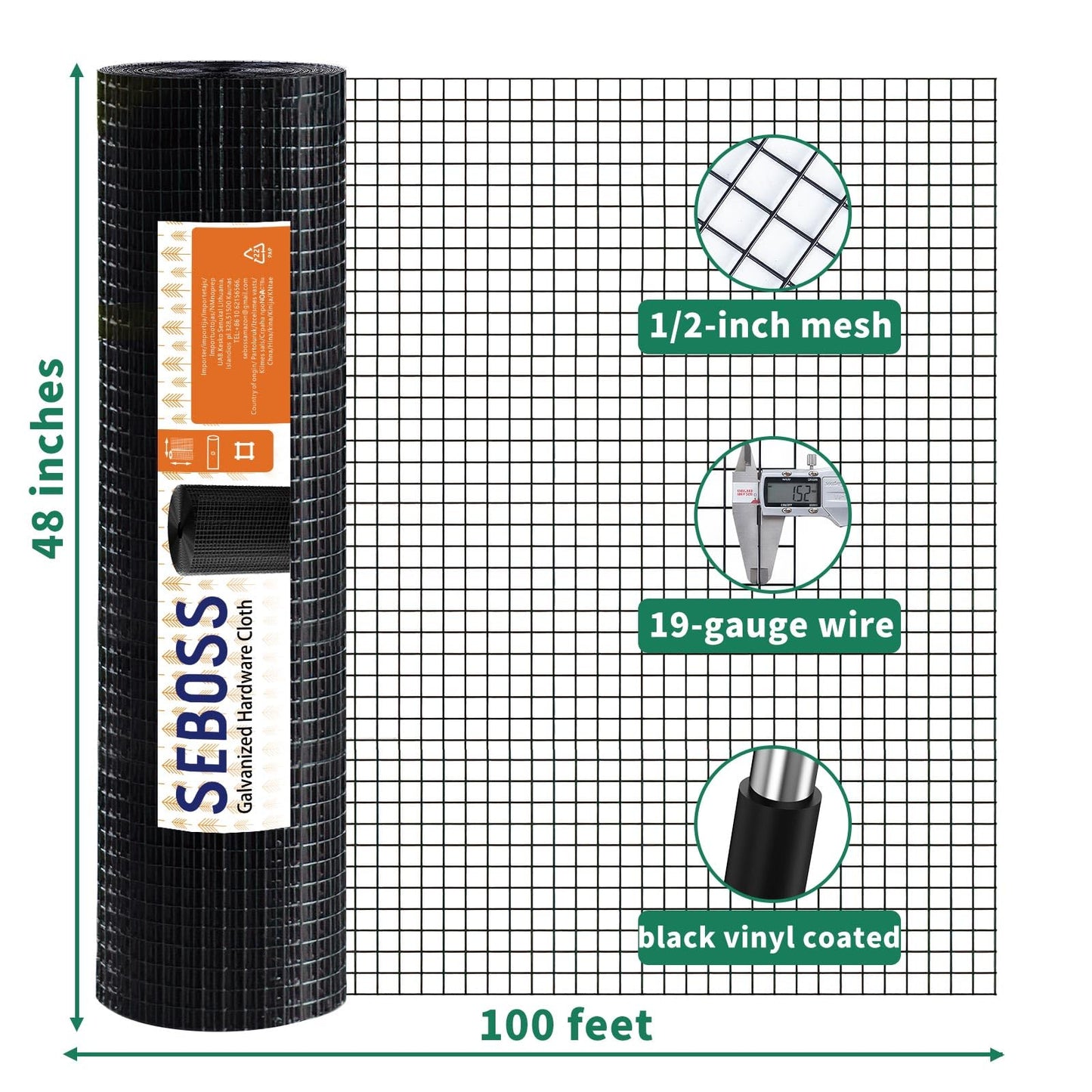 SEBOSS Black Hardware Cloth 1/2 inch 48 x 100 Ft 19-Gauge, Vinyl Coated Wire Mesh Roll, Chicken Wire Fencing, Garden Fencing, Welded Wire Fence Roll, Wire Mesh Fencing
