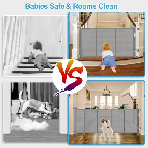 Upgrade 120 inch Retractable Baby Gates, EZIGO Extra Wide Baby Gate for Large Opening Extra Long Mesh Gate for Kids or Pet Dog Gate Child Safety Gate for Stairs Hallways Doorway Indoor Outdoor, Gray