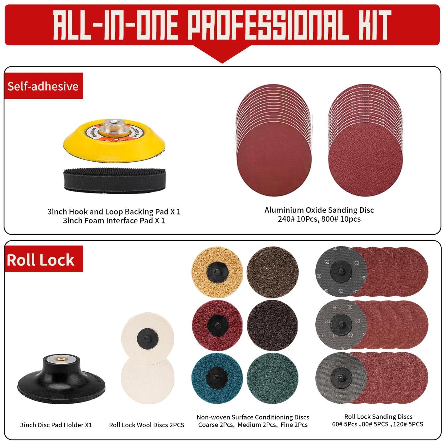 SI FANG 3 Inch Air Sander Right Angle Grinder, Upgraded Mini Pneumatic Polisher Surface Prep Conditioning Rotary Tool Kit with 45Pcs Roll Lock Quick Change Disc and Sanding Discs