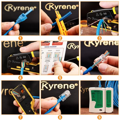 Kyrene RJ45 Crimp Tool, Ethernet Crimping Tool Kit, Cat5 Cat5e Cat6 Crimping Tool Kit with RJ45 Pass Through Connectors