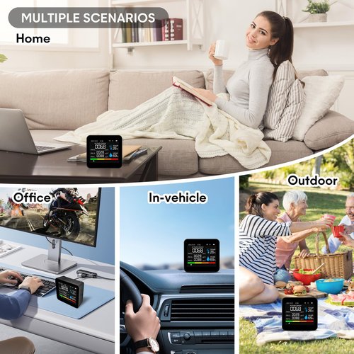 9-in-1 Indoor Air Quality Monitor: Detects PM2.5, PM1.0, PM10, CO2, CO, TVOC, HCHO, Temperature & Humidity for Home, Office, School & Hotel
