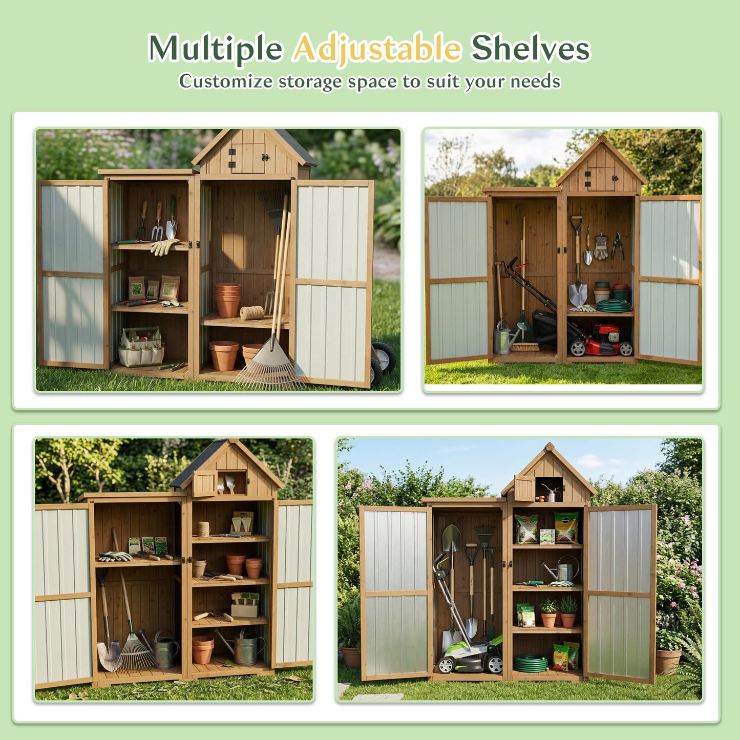 Outdoor Storage Cabinet Weatherproof with 3 Adjustable Shelves, 66'' H Wood & Metal Storage Shed with Lockable Doors & Waterproof Roof, Outside Garden Tool Sheds, Brown