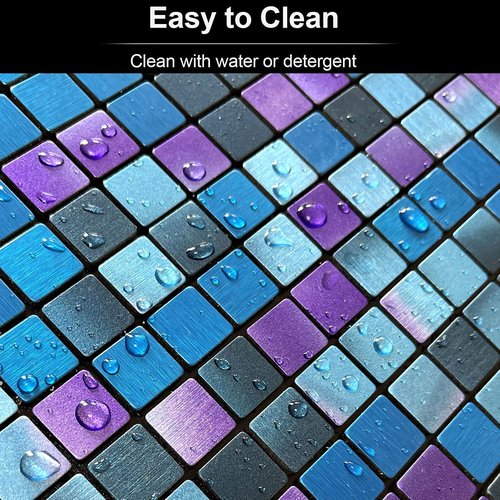 XUANINY Peel and Stick Backsplash Tiles for Kitchen,Bathroom,Fireplace,Self Adhesive Metal Aluminum Mosaic (12"x12") (5, Blue and Purple Mixed)