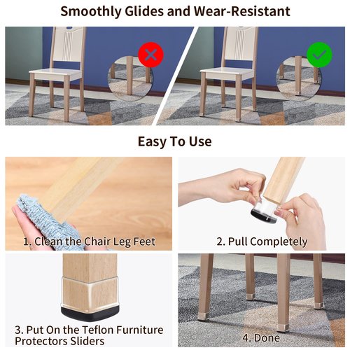 Ezprotekt 24 Pcs Clear Chair Leg Sliders for Carpet, Square Chair Glides for Rug, Teflon Furniture Pads Leg Protectors Caps - for Dining Table, Bar Stool, End Table Legs (L Fit:1" - 1.4")