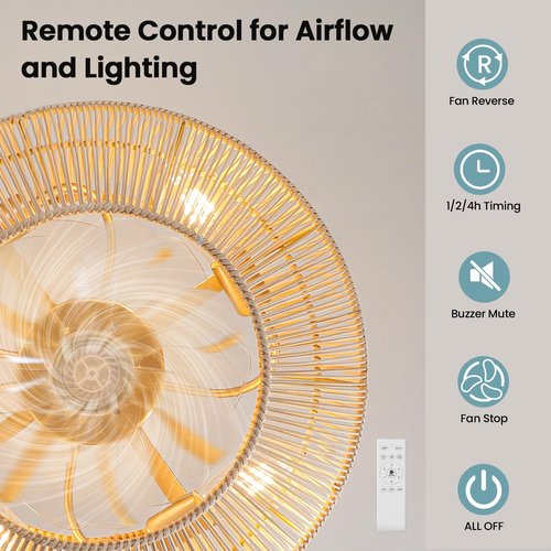 20" Boho Rattan Ceiling Fan with Lights, Flush Mount Caged Ceiling Fan with Remote, 6 Speed, Timing, Reversible Blades Enclosed Farmhouse Fan Lights for Bedroom, Kitchen