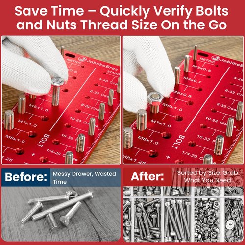 JoblikeBrez Thread Checker, 30 Nut and Bolt Thread Checker, Bolt Size and Thread Gauge 15 Standard & 15 Metric, Bolt Size Finder, Wall-Mountable Bolt Thread Identifier Gauge with Inch & CM Ruler