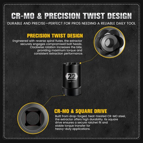 6-Piece 1/2" Drive Impact Bolt Extractor Set, Easy Out Stripped Lug Nut Removal Tool for Broken, Rusted, Rounded, Damaged Nuts & Screws, Twist Designed, with foam box, Extension Bar, Knockout Pin