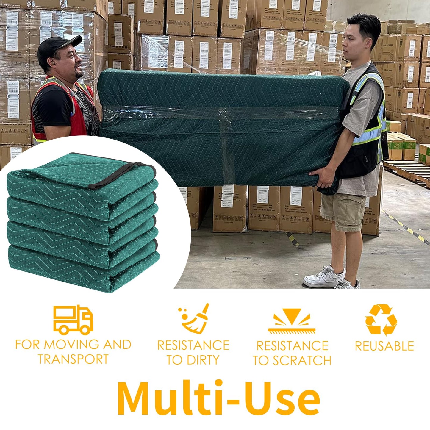 Diamond UP 4 Moving Blankets, Double Extra Large Moving Blankets for Furniture, Professional Quilted Furniture Shipping and Storage Pads, 144" x 80", Green and Gray(4 Packs)