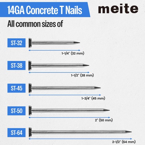 meite 14 Gauge Concrete T Nails for Pneumatic Concrete Nailer Gun - 2-1/2" Length Galvanized Finish Nails (400 PCS/Box)