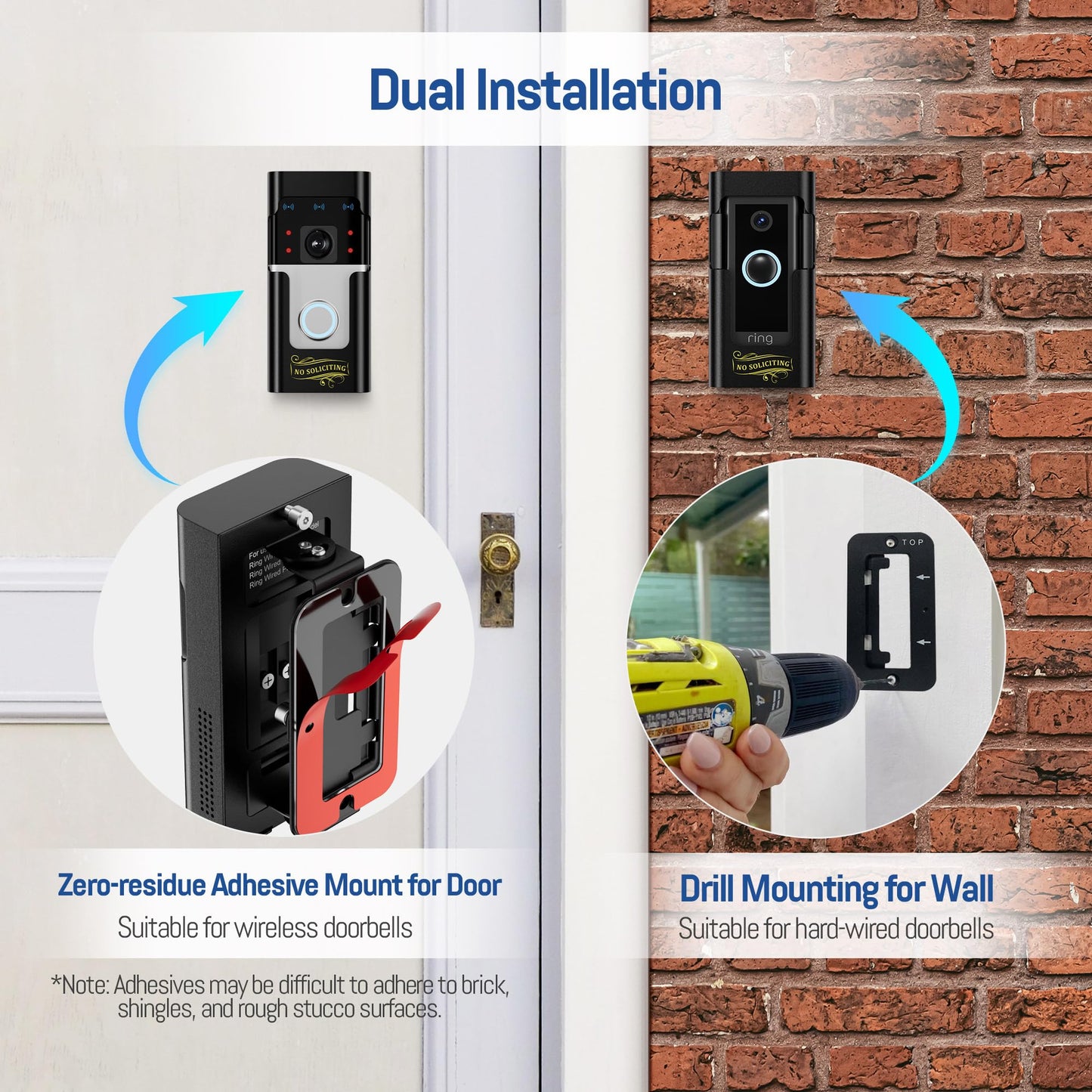 Adjustable Ring Doorbell Angle Mount - All Metal Ring Corner Mount Kit - Ring Doorbell Holder Swivel Mounting Bracket for Brick Wall Drilling & No Drill Adhesive Installation