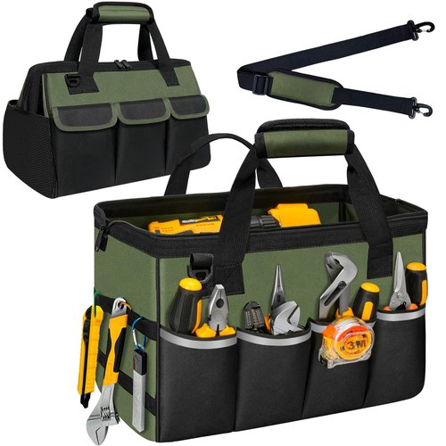 NECKORY Tool Bag, Portable Tool Box Organizer Adjustable Shoulder Strap, Carry Tool Tote Heavy Duty Tool Storage Bag With Wide Mouth,Tool Bags for Men Mechanic EngineerGift - L, Army Green & Black