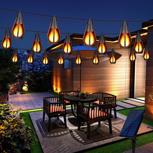 Solar String Lights Outdoor Waterproof, 20ft Outdoor Solar String Lights, Gazebo Lights, Solar Flame Lights with 10 Flickering Flame Bulbs for Outside Camping Backyard Garden Decor