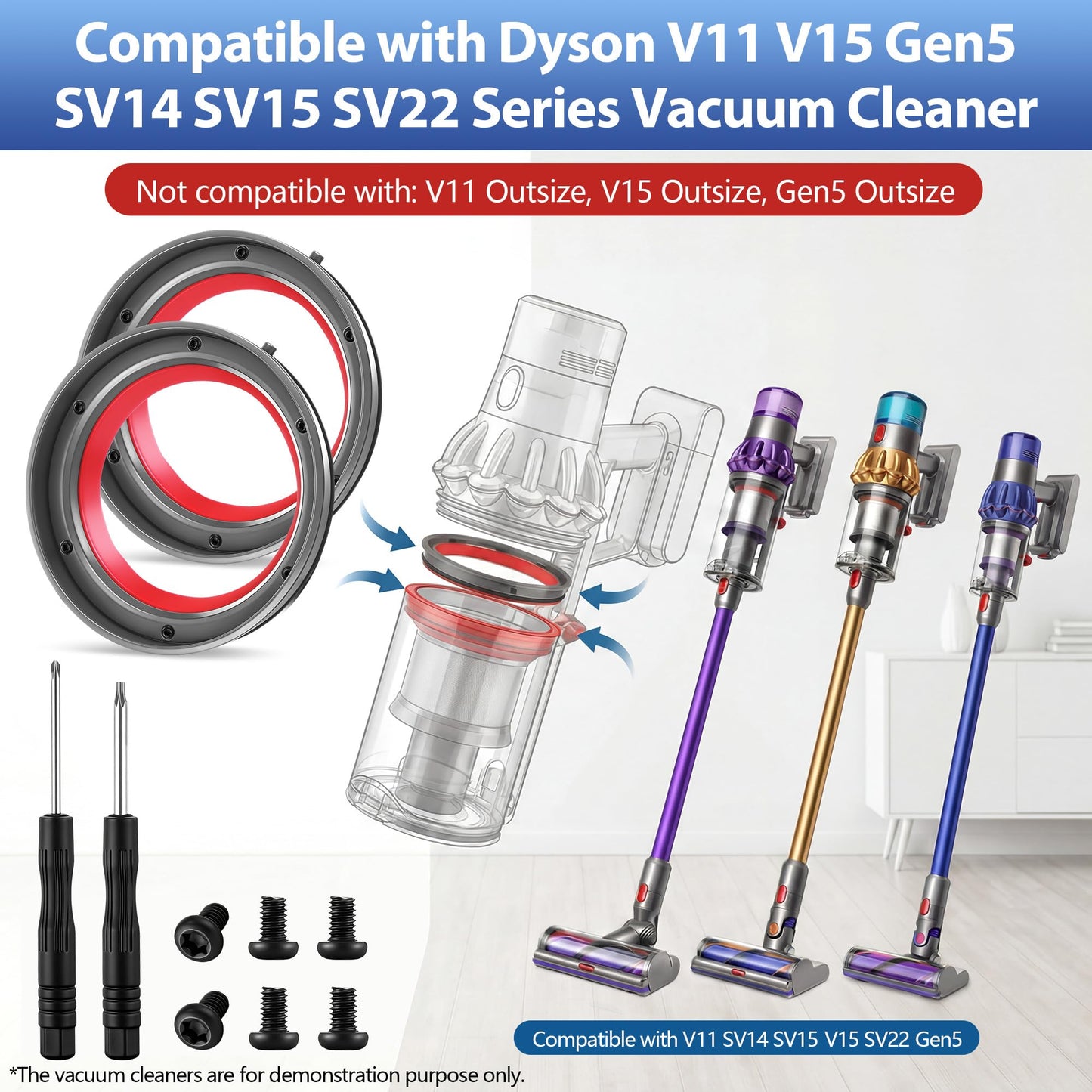 Saillong 2 Pack Upgraded Dust Bin Sealing Rings Compatible with Dyson V11 V15 Gen5 SV14 SV15 SV22, Bin Sealing Ring Assembly with Screwdrivers and Screws, Vacuum Cleaner Canister Replacement Parts