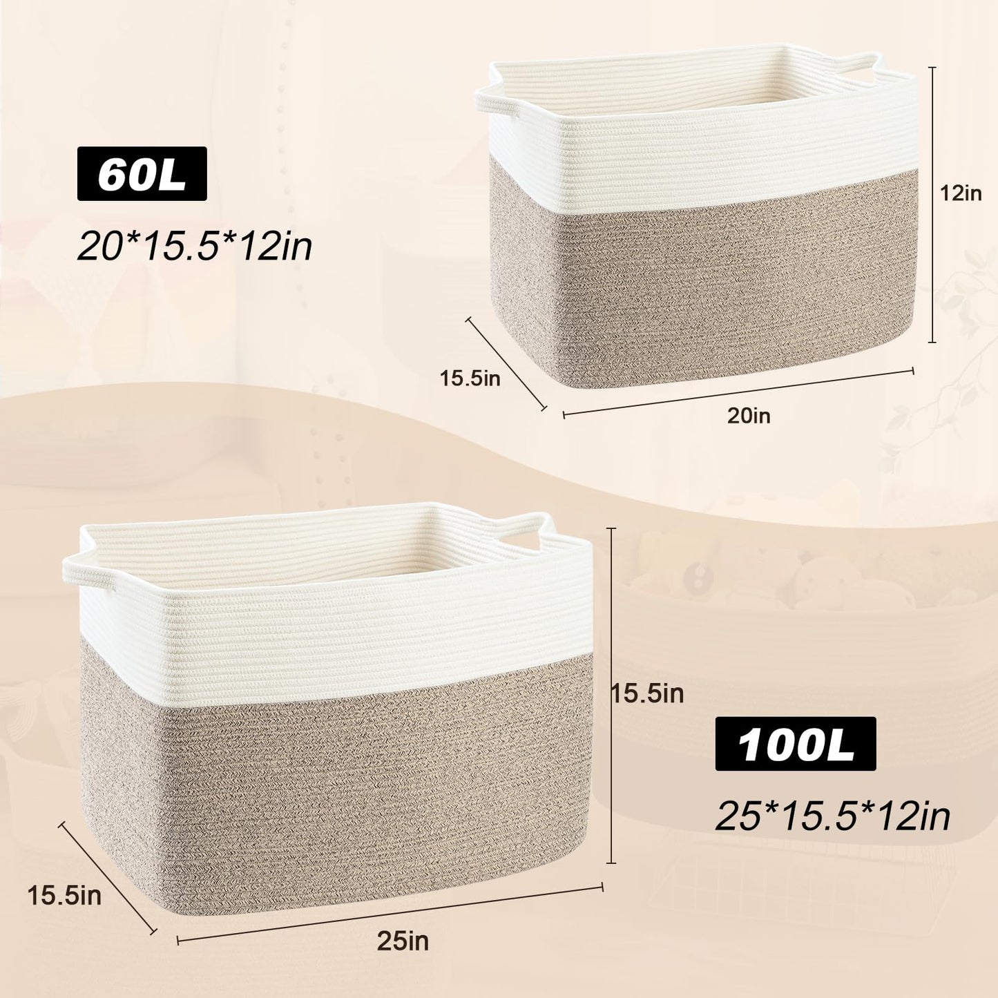 Degeyoyo Large Blanket Basket, 60L Storage Baskets for Organizing, Woven Laundry Basket for Blankets, Cotton rope Blanket Storage for Living Room, Nursery Room, 19.7" L x 15.74" W x 11.8" H, Brown