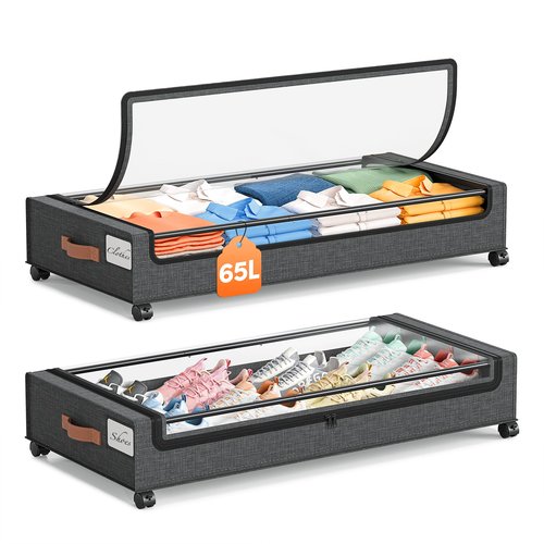 Yecaye Under Bed Storage with Wheels 2 Pack, 65L Large Capacity Under Bed Storage Containers with Metal Frame & Clear Lid, Rolling Underbed Organizer Bins Drawers for Clothes, Shoes, Blankets, Grey
