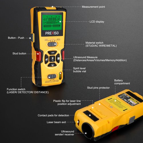PREXISO 5-in-1 Stud Finder with Laser Level Marking & Ultrasound Distance Measure - Wall Scanner Beam Finders for Dry Interior Walls, Metal Studs - Area, Volume, Addition | Wood, AC Wire Detector