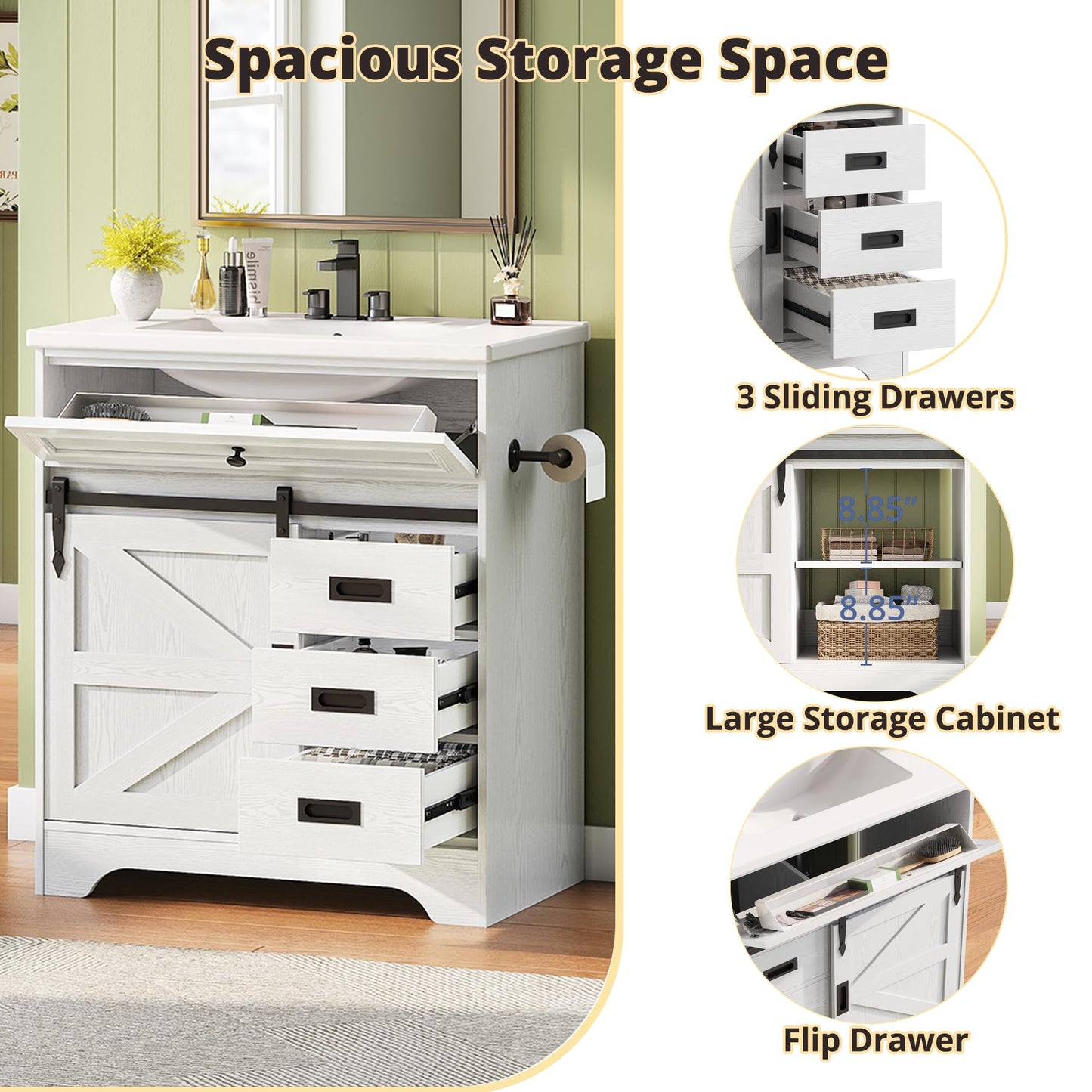 IRONCK 30" Bathroom Vanity with Sink, Farmhouse Bathroom Sink Cabinet with Flip Drawer & Sliding Barn Door, Freestanding Bathroom Vanities with Metal Handles, Paper Towel Holder,White