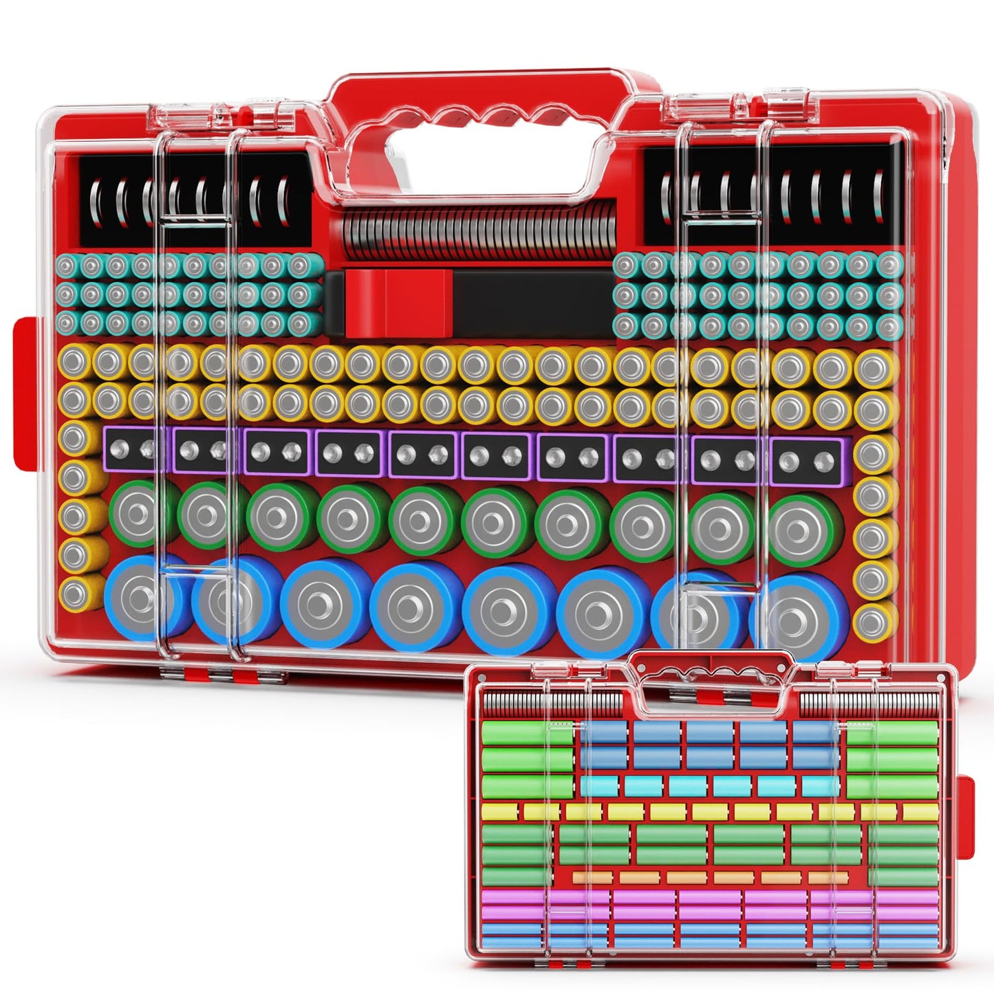 Narotood Battery Organizer Storage Holder Box Case with Tester, Ultra-Large 280+ Batteries Double-Sided Variety Pack,Holds AA AAA 4A C D Cell 9V 3V Lithium18650 LR44 CR2 CR123 CR1632 - Red