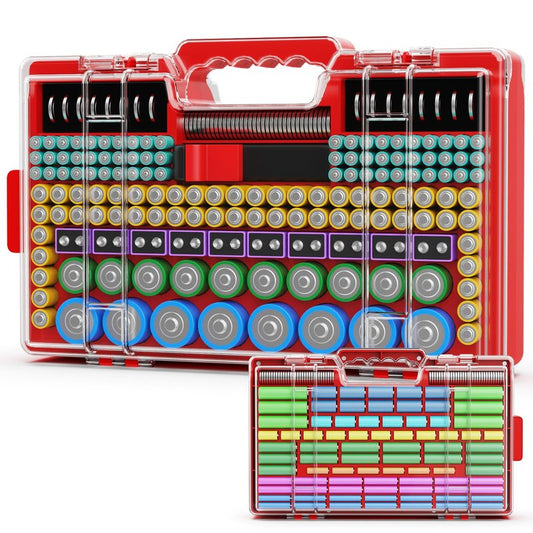 Narotood Battery Organizer Storage Holder Box Case with Tester, Ultra-Large 280+ Batteries Double-Sided Variety Pack,Holds AA AAA 4A C D Cell 9V 3V Lithium18650 LR44 CR2 CR123 CR1632 - Red