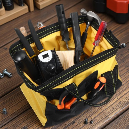 JJUNW 3 Pack Tool Bags for Men, Wide Mouth Tool Tote Bag with Waterproof Base, Heavy Duty Tools Storage Bag for Electrician Carpenter Mechanic (13 Inch,Blue, Red, Yellow)
