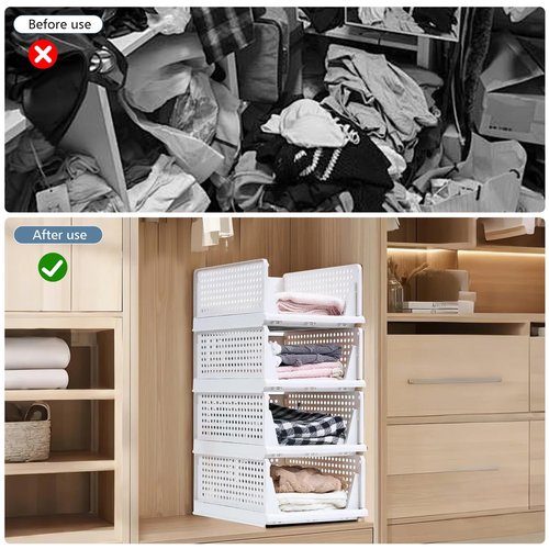 VECELO 4 Pack Plastic Closet Shelf Organizer, Stackable Sweater Storage Closet Drawers, Foldable Wardrobe Organizer, Easy Assembly, Durable and Space Saving for Closet, Bathroom, Kitchen, Gray