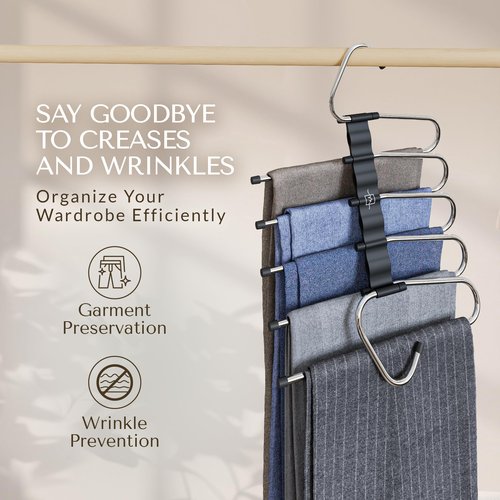 MORALVE Pants Hangers Space Saving - 2 Pack - Non-Slip Multi-Layer Space Saving Hangers - Multifunctional Clothing Rack for Closet Storage - Ideal for Jeans, Trousers, Skirts, Scarves & Slacks (Black)