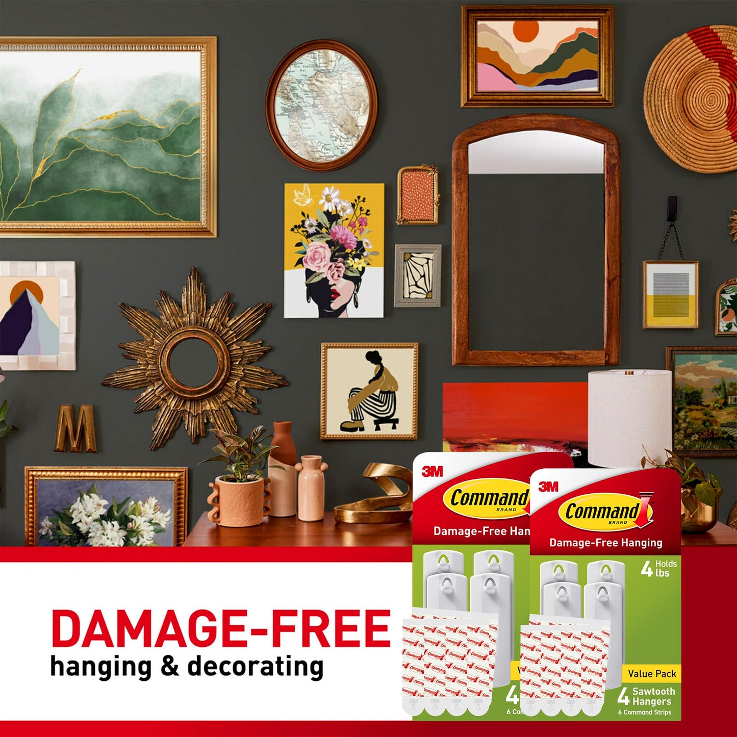 Command Sawtooth Picture Hangers, Damage Free Hanging Frame Hangers, No Tools Wall Hooks for Hanging Sawtooth Frames in Living Spaces, 8 White Picture Frame Hangers and 16 Command Strips