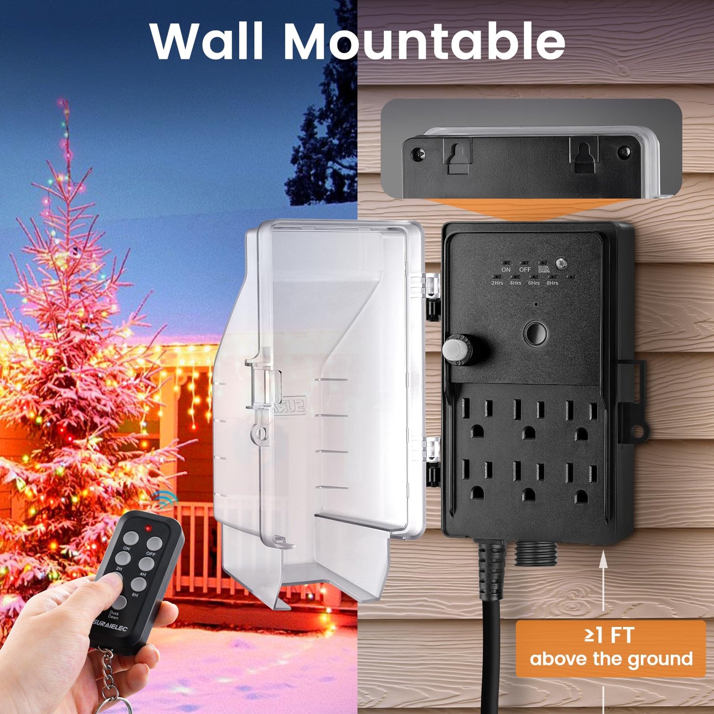 SURAIELEC Outdoor Power Stake Timer Waterproof, 100FT Wireless Remote Control, Photocell Dusk to Dawn Timer, 6 Grounded Plug Outlets, 6FT Extension Cord, for Halloween Decoration, Lights, Garden