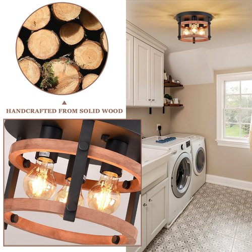 3-Light Flush Mount Wood Ceiling Light Black Metal and Round Wood Frame Hallway Ceiling Light 12 inch Retro Rustic Light Fixtures for Farmhouse, Kitchen, Foyer,Entryway, Bedroom, Dining Room
