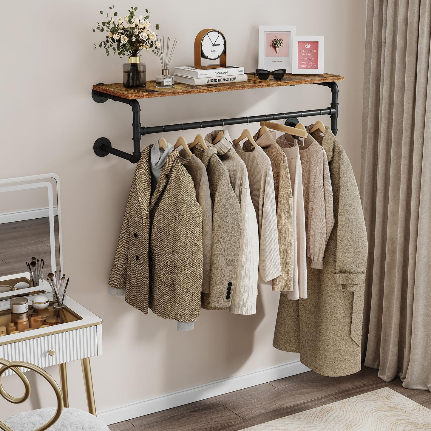 UlSpeed Clothes Rack with Top Shelf, 42.3in Industrial Pipe Wall Mounted Garment Rack, Space-Saving Display Hanging Clothes Rack, Heavy Duty Detachable Multi-Purpose Hanging Rod for Closet Storage