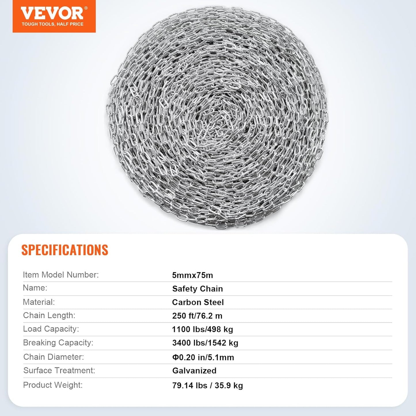 VEVOR Grade 30 Chain 3/16 Inch by 100Ft Length Grade 30 Proof Coil Chain Zinc Plated Grade 30 Chain for Towing Logging Agriculture and Guard Rails
