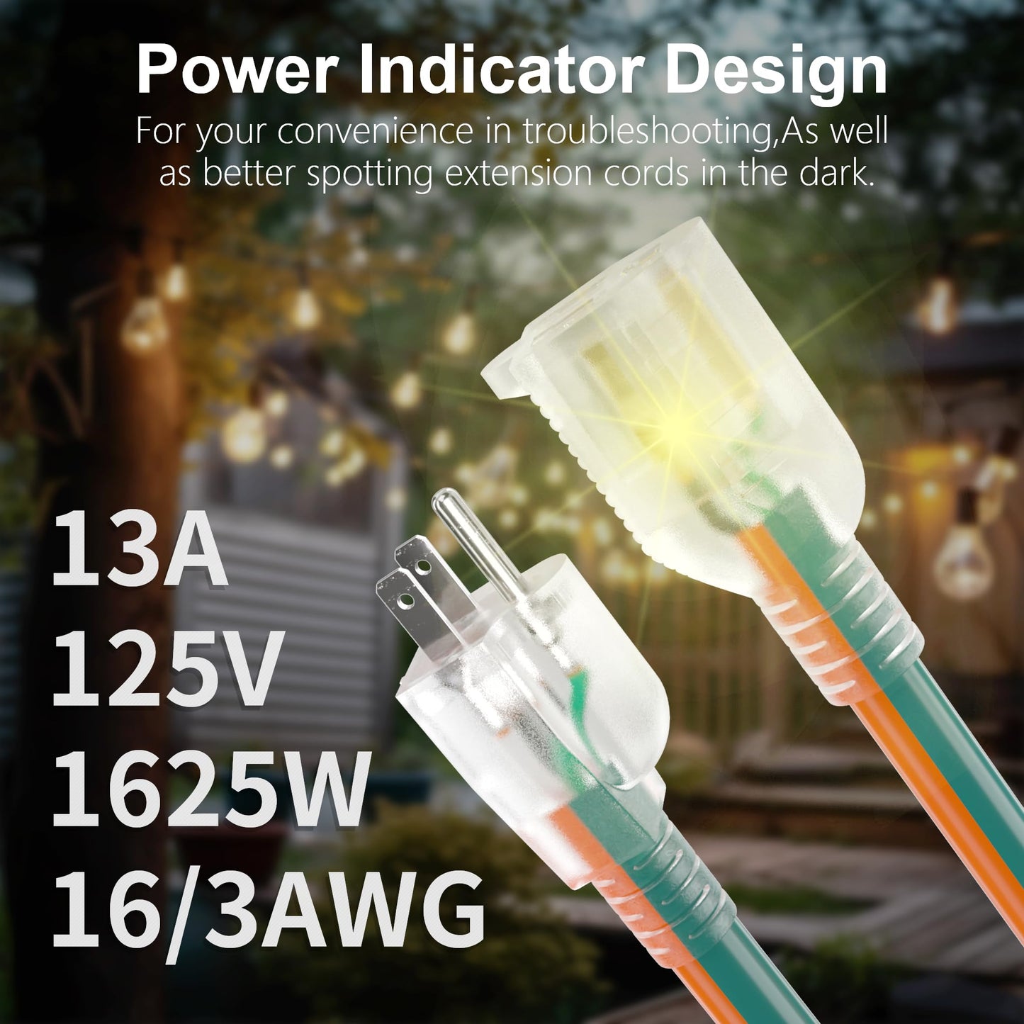 HUANCHAIN 16 Gauge 50 ft Outdoor Extension Cord with Lighted End, Flexible Cold-Resistant 3 Prong Electric Cord Waterproof Outside, 13Amp 1625W 16AWG SJTW, Orange Green, ETL